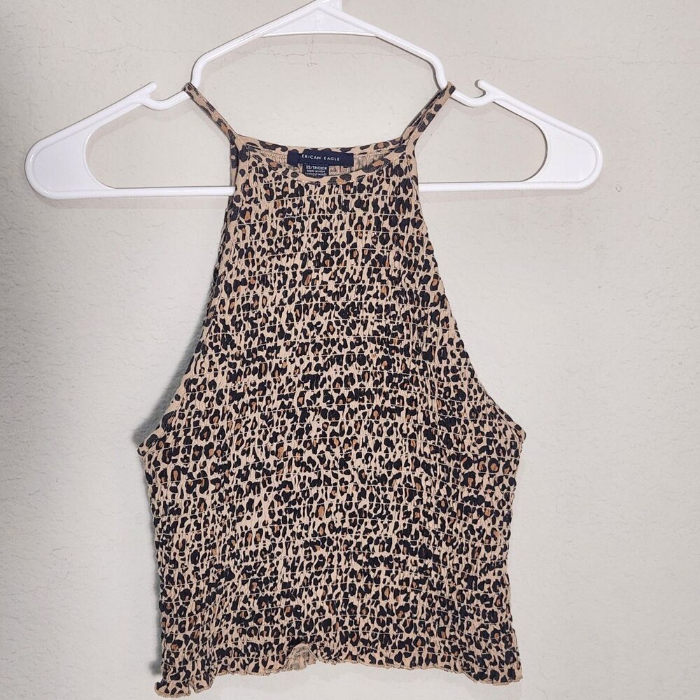 American Eagle Leopard Print Smocked Tank Top XS Sleeveless Boho Stretch Cami